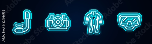 Set line Snorkel, Photo camera for diver, Wetsuit scuba diving and Diving mask. Glowing neon icon. Vector