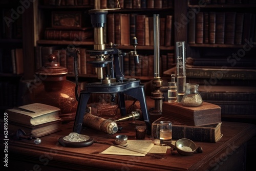 antique microscope on wooden table with old books, created with generative ai