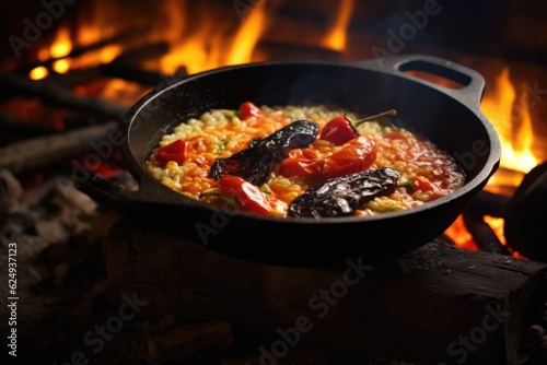 coals and flames under cast iron pan with risotto cooking, created with generative ai
