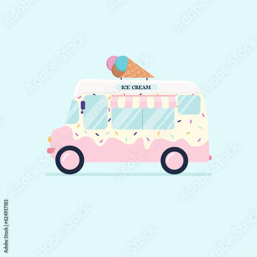Mobile vintage ice cream shop truck icon in retro style. Van with ice cream on the roof. 