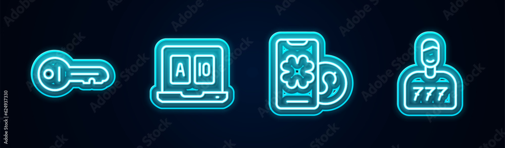 Set line Old key, Online poker table game, and Lucky player. Glowing neon icon. Vector Set line Old key, Online poker table game, and Lucky player. Glowing neon icon. Vector