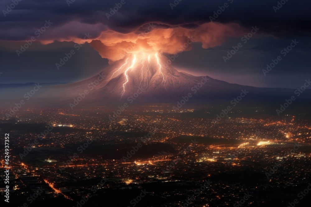 lightning illuminating ash plume from a volcano, created with generative ai