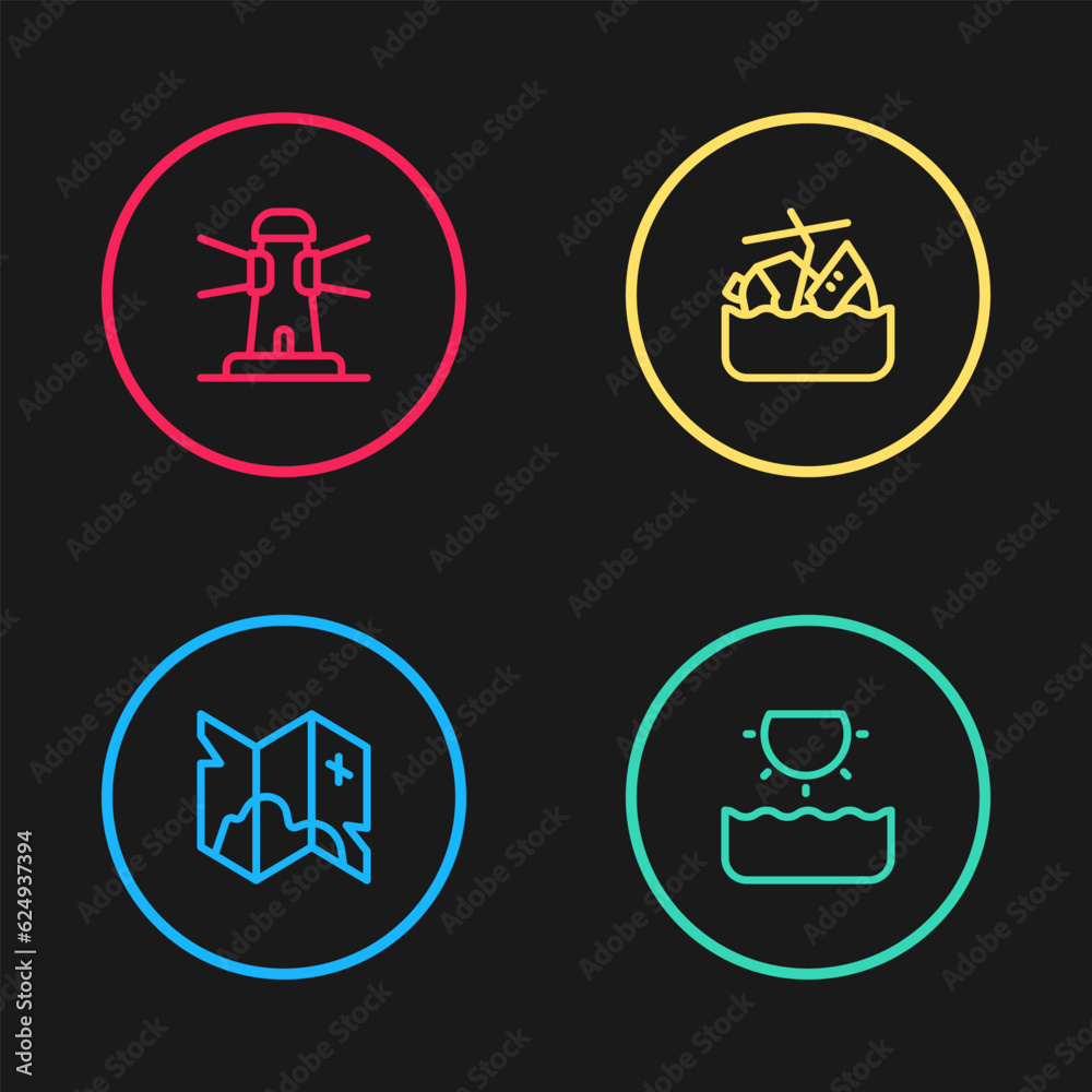 Set line Pirate treasure map, Sun, Sinking cruise ship and Lighthouse icon. Vector Set line Pirate treasure map, Sun, Sinking cruise ship and Lighthouse icon. Vector