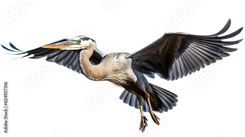 a Great Blue Heron, Ardea herodias, in flight, elegant Nature-themed, photorealistic illustration in a PNG, cutout, and isolated. Generative AI