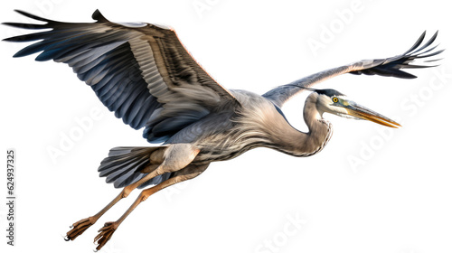 a Great Blue Heron, Ardea herodias, in flight, elegant Nature-themed, photorealistic illustration in a PNG, cutout, and isolated. Generative AI