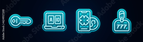 Set line Old key, Online poker table game, and Lucky player. Glowing neon icon. Vector