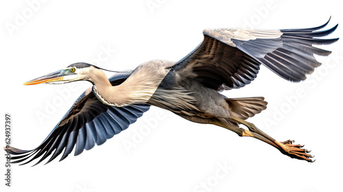 a Great Blue Heron, Ardea herodias, in flight, elegant Nature-themed, photorealistic illustration in a PNG, cutout, and isolated. Generative AI photo