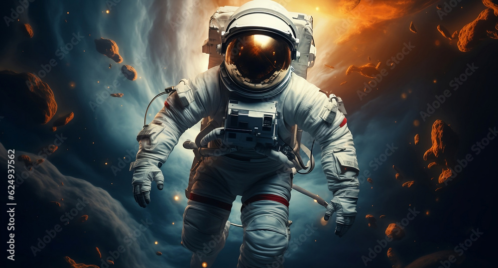 Astronaut floating in outer space. Zero gravity alien spacesuit in cosmos, universe, galaxy background