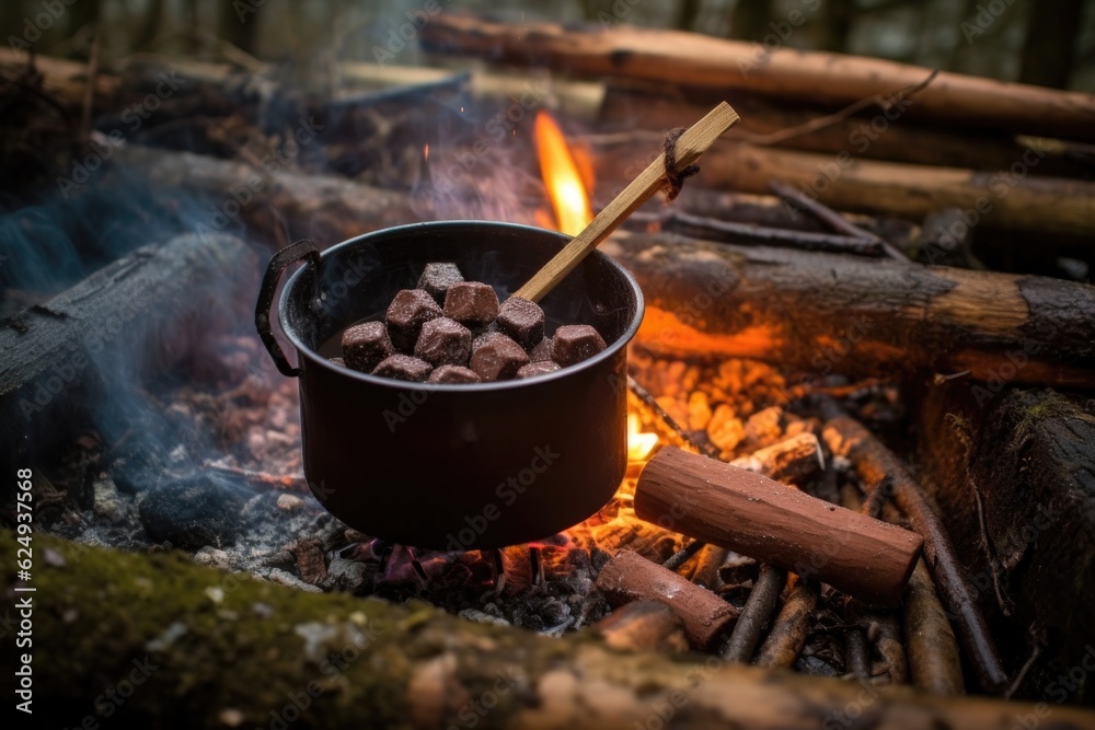stirring hot chocolate with wooden spoon in campfire pot, created with generative ai stirring hot chocolate with wooden spoon in campfire pot, created with generative ai