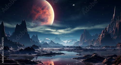 Alien world with mountains, lake, and glowing moons and planets. Space landscape in the universe. Desolate planet in the cosmos.