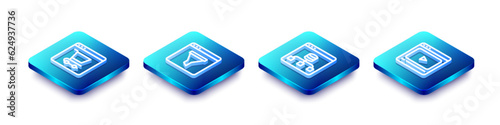 Set Isometric line Online shopping on screen, Browser window, Server, Data and play video icon. Vector