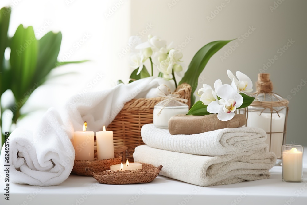 Towels with herbal bags and beauty treatment items setting in spa center in white room | Generative AI Towels with herbal bags and beauty treatment items setting in spa center in white room | Generative AI