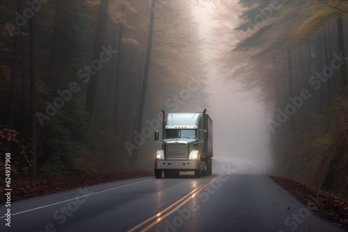 white semi truck driving through a foggy forest landscape, created with generative ai