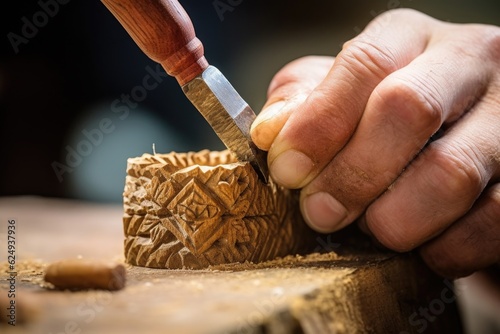 whittling knife with a piece of wood being carved, created with generative ai photo