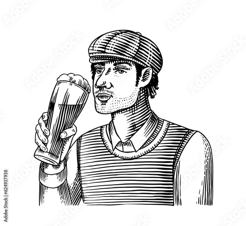 A man with beer. engraved in ink hand drawn in old sketch and vintage style for web or pub menu. design of oktoberfest.