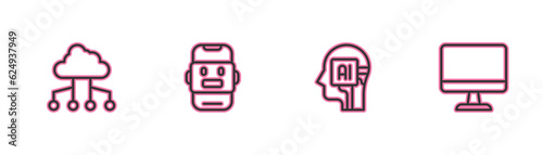 Set line Network cloud connection, Humanoid robot, Chat and Computer monitor icon. Vector