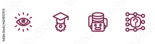 Set line Artificial intelligence AI, robot, Graduation cap and Neural network icon. Vector