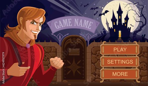 Cartoon landing page for a computer game. A fantasy character who approaches a mysterious castle. Gothic cemetery and gloomy ruins. Night, moon and bats. Game interface elements. Logo and buttons