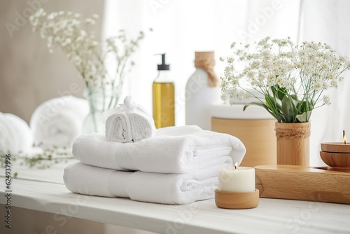Towels with herbal bags and beauty treatment items setting in spa center in white room | Generative AI