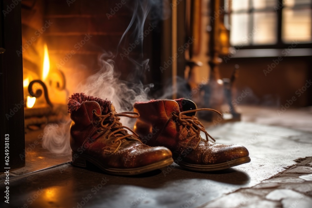 close-up of winter boots steaming near fireplace, created with generative ai