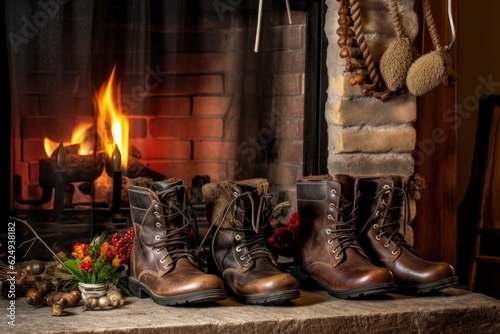 winter boots with holiday ornaments beside a warm fireplace, created with generative ai