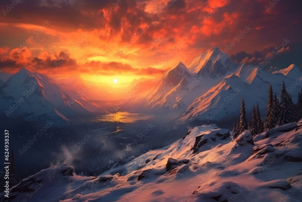 dramatic sunset over snow-covered mountains, created with generative ai