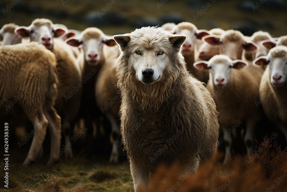 Fototapeta premium Wolf dressed as a lamb in the middle of the flock. Generative AI.
