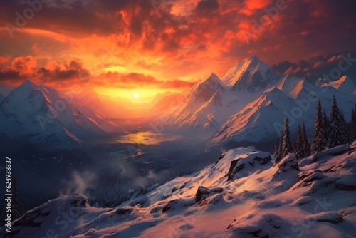 dramatic sunset over snow-covered mountains, created with generative ai