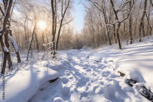 hiking trail covered in snow with footprints, created with generative ai © altitudevisual