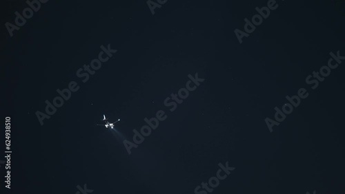 Commercial passenger airplane is landing on the airport at night photo
