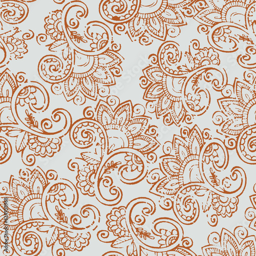 Vector seamless paisley print with flowers and grunge texture. Traditional Indian pattern style. folk pattern, ethnic folklore flowers, watercolor