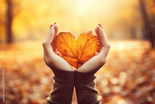 Two human hands forming a heart - autumn background.