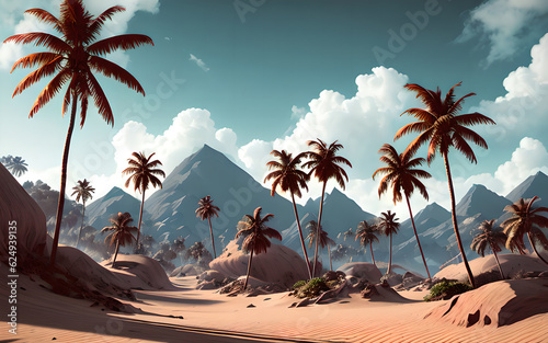 Fantasy.Painting of a beach with palm trees and sky in the background.Background and use it as wallpaper posters and banners.Palm tree growing in hot dry desert.Generative AI