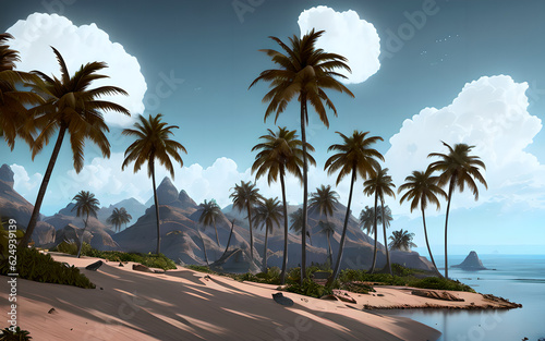 Fantasy.Painting of a beach with palm trees and sky in the background.Background and use it as wallpaper posters and banners.Palm tree growing in hot dry desert.Generative AI