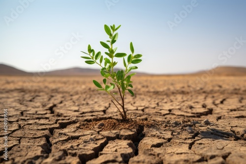 A single green plant shoot in a completely dry environment.