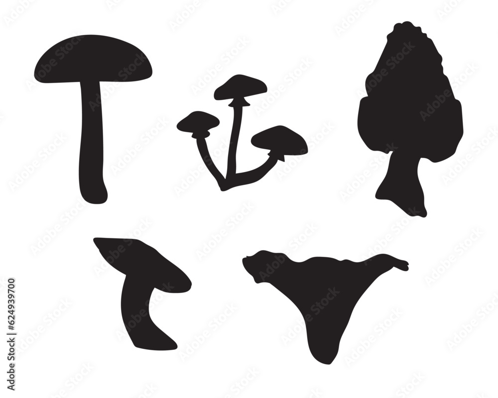 A set of five mushrooms silhouettes in black on white background for webs, icons, apps A set of five mushrooms silhouettes in black on white background for webs, icons, apps