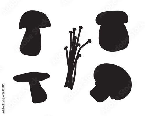 A set of five mushrooms silhouettes in black on white background for webs, icons, apps