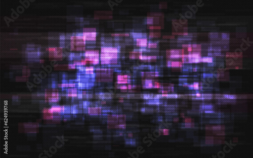 Glitch neon background. Digital overlay texture with bright elements. Cyberpunk futuristic backdrop. Video error effect. Screen noise template. Vector illustration