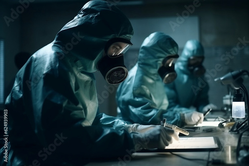 Three scientists wearing protective costume, screen, gloves working in laboratory making test. Female researcher doing investigations using special equipment with test tubes, microscope. Generative AI