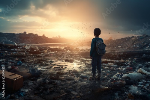 sad kid stand looking at a lot of plastic wastes in, environmental pollution   Generative AI © Kay