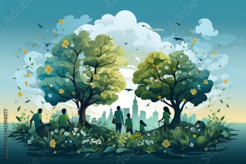 The illustration depicts a serene woodland landscape capturing the beauty and tranquility of nature with people. Generative Ai. © BalanceFormAI
