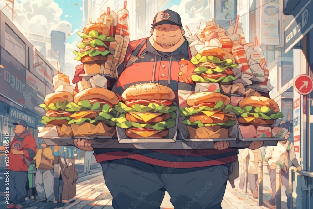 The illustration depicts a jovial young man delighting in burgers, embracing his love for food and enjoying the flavorful experience. Generative Ai.