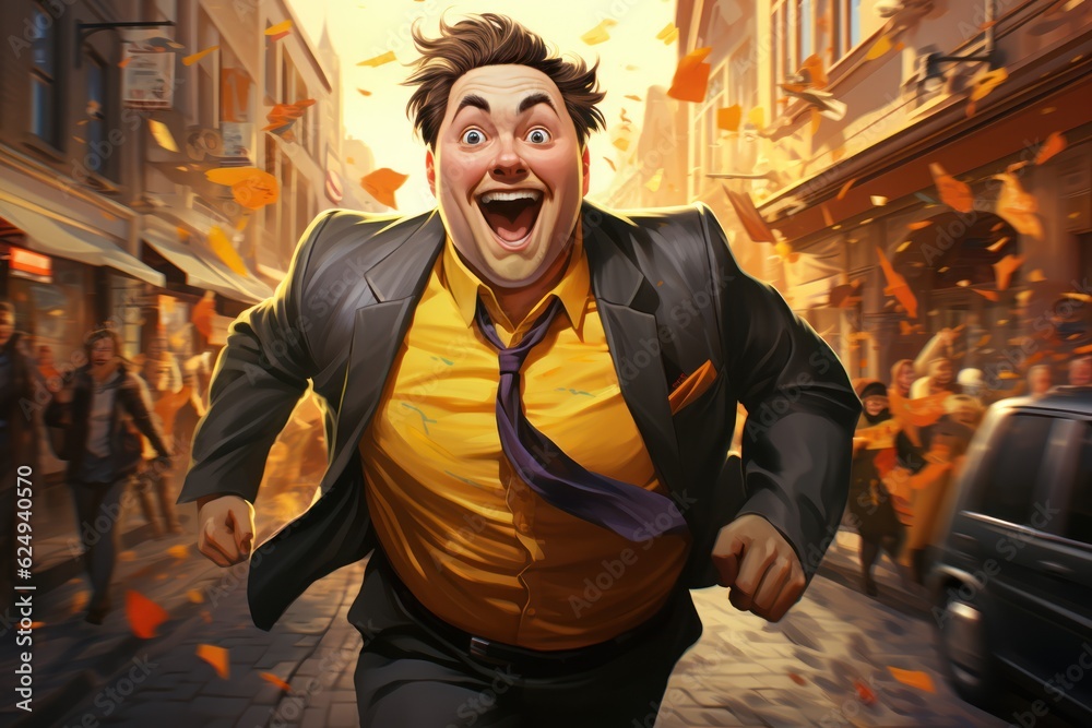 The illustration depicts a portrait of a young businessman sprinting down the street, exuding determination and ambition in pursuit of success. Generative Ai. The illustration depicts a portrait of a young businessman sprinting down the street, exuding determination and ambition in pursuit of success. Generative Ai.