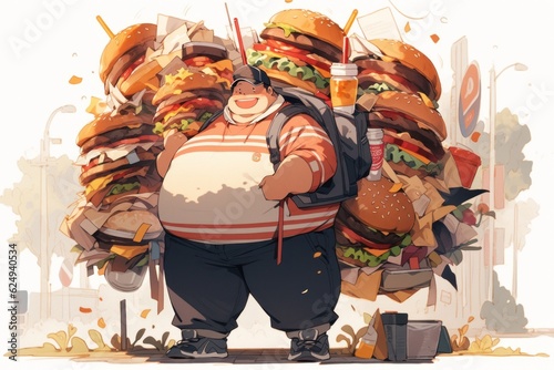 The illustration depicts a jovial young man delighting in burgers, embracing his love for food and enjoying the flavorful experience. Generative Ai.