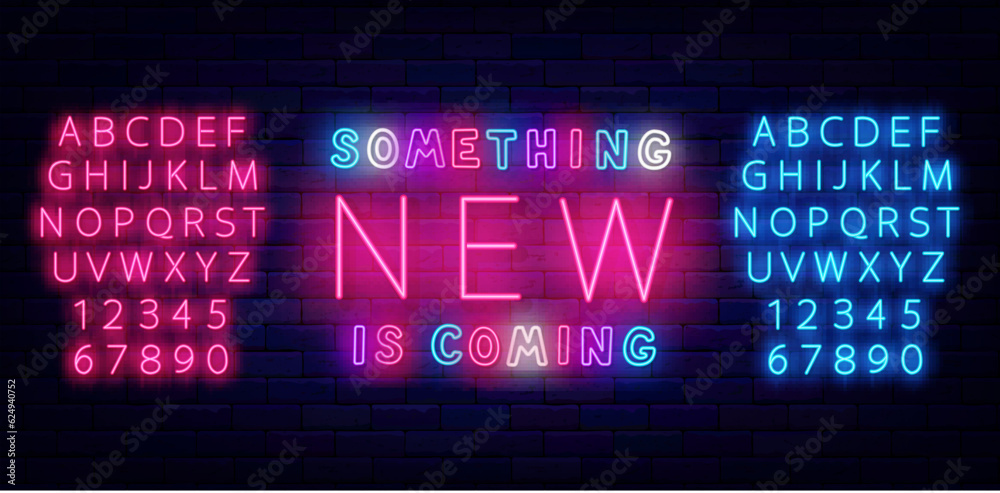 Something new is coming neon label. Glowing sign on brick wall. Great information. Vector stock illustration