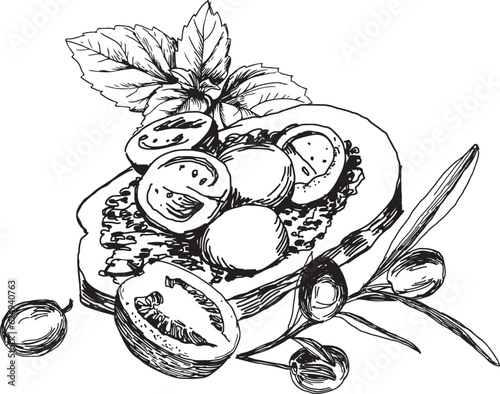 Bruschetta with tomato, basil and olives. Handdrawn vector composition on white background