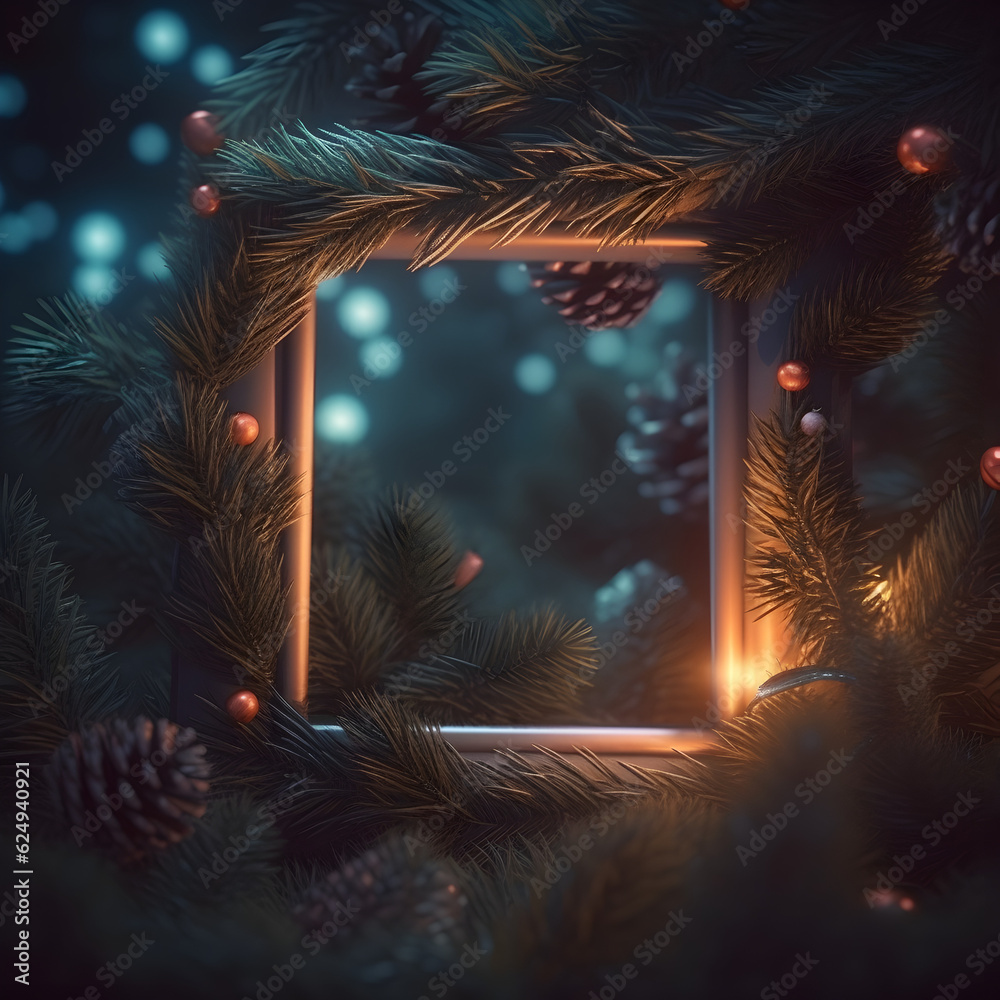 Christmas eve frame made of New Year's branches and pines. Night concept.