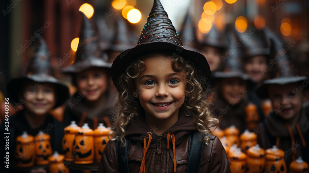 Children at Traditional halloween party backdrop. Generative AI Children at Traditional halloween party backdrop. Generative AI