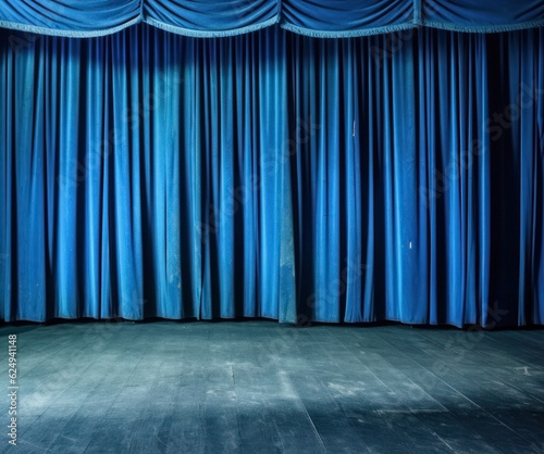 old blue fabric curtains. blue velvet cloth. wood floor. empty stage.