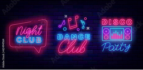 Night club party neon labels collection. Disco party. Music festival event. Performance flyer. Vector stock illustration